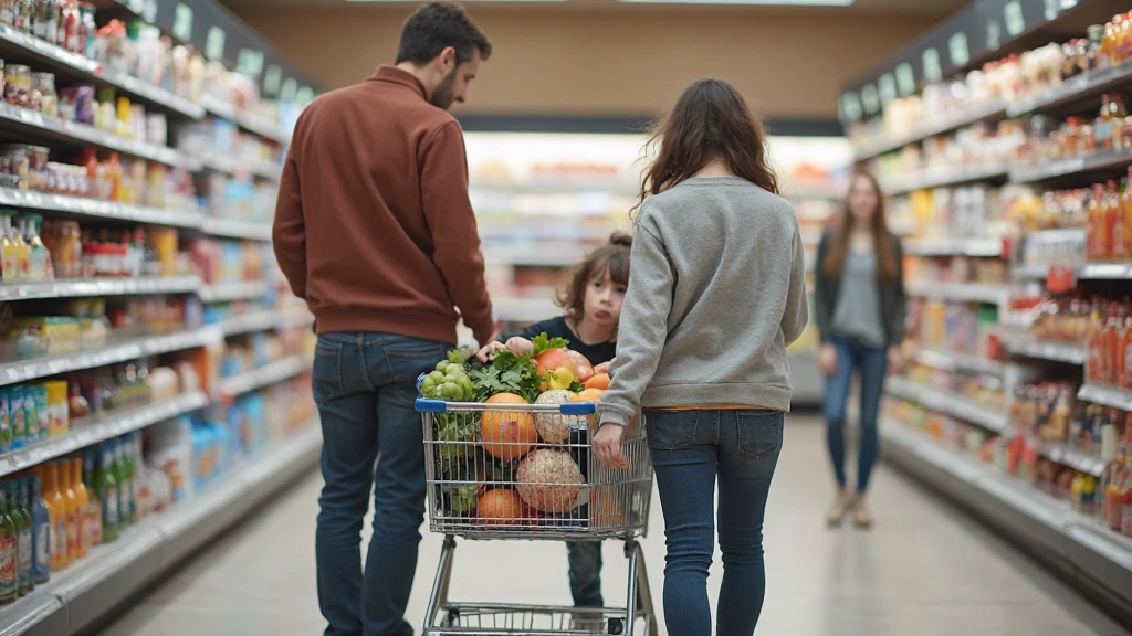Gezin doet boodschappen in supermarkt met winkelwagen