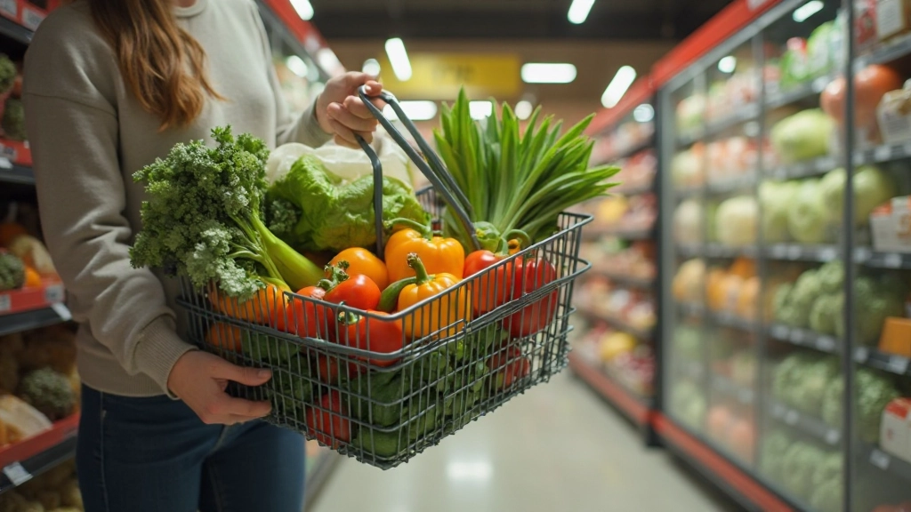 Professionele foto van vogeloog boodschappentas met vers voedsel in Nederlandse supermarkt, zonnig daglicht, georganiseerde boodschappen, realistische winkelscène
