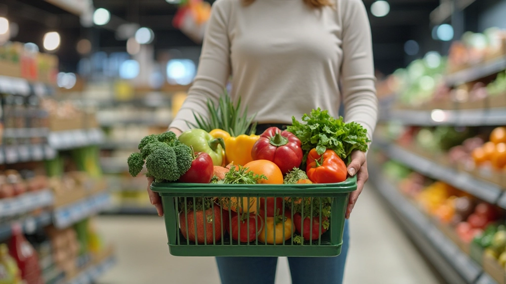 Boodschappenmand vol groenten en gezonde voeding in supermarkt