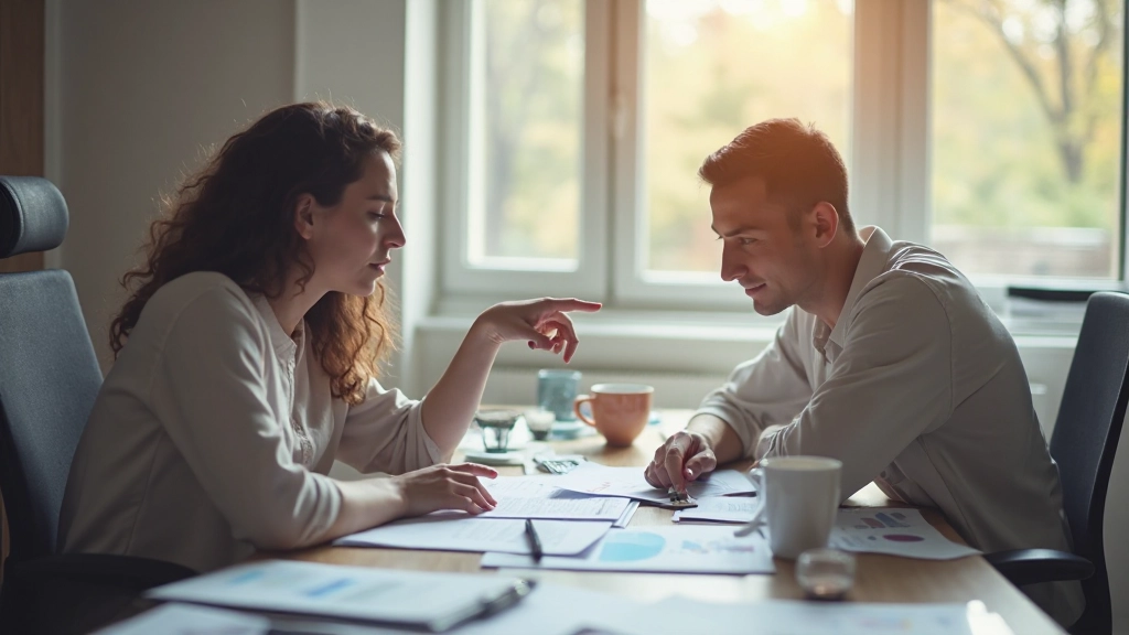 Financieel adviseur met grafiek op papier, besprekking over spaarplan met klant aan tafel